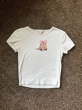Ultra Flirt White Pointelle Short Sleeve Tee with Pink Bow Boot Graphic XS